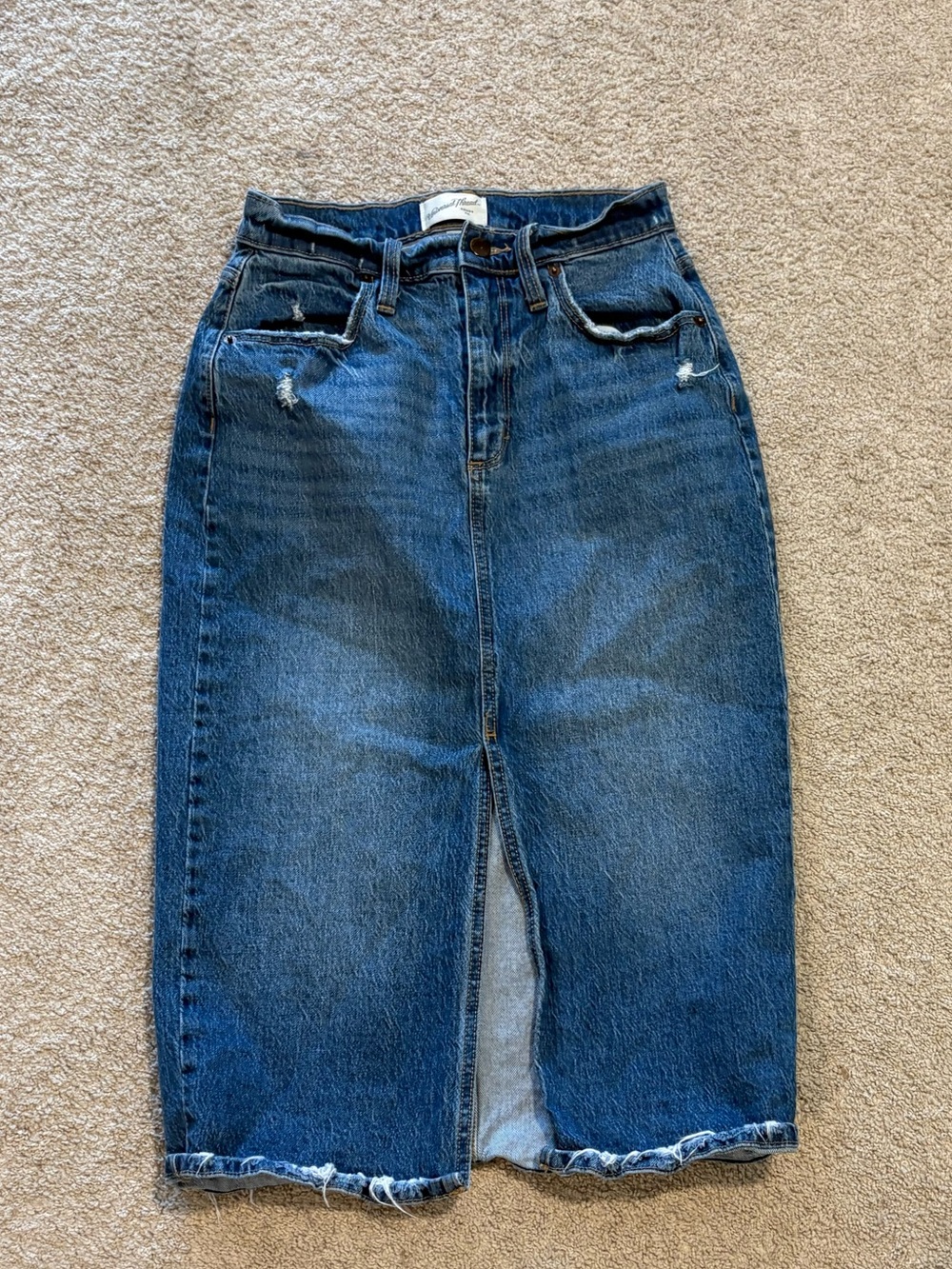 Universal Thread Denim Midi Skirt Size 2 Distressed Raw Hem Blue Jean Skirt